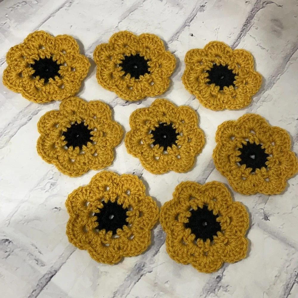 Handmade Crochet Granny Circle Coasters Set of Eight Black and Gold